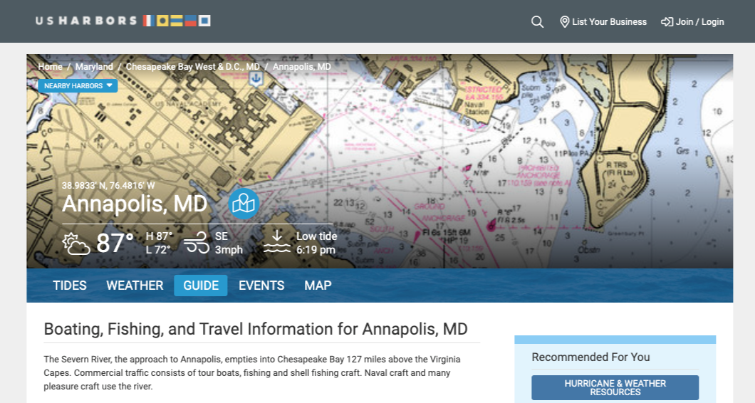 US harbors screenshot showing a map of Annapolis, MD