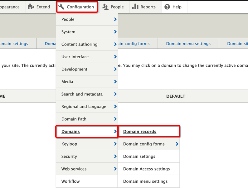 Image of domain access in Drupal backend