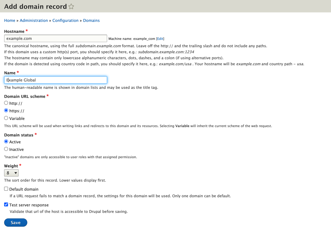 image of adding a domain record in Drupal backend